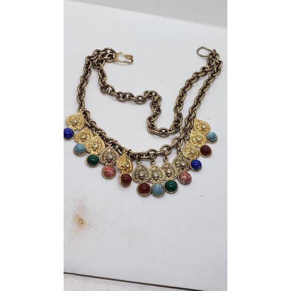 Double Chain Choker Faux Gem Rhinestones Dangle Charms Chunky 10k Gold Plated - Picture 8 of 11